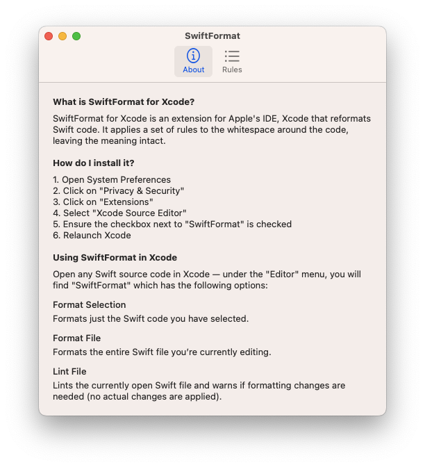 SwiftFormat for Xcode - About